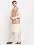 Jompers Men's Off-white Dupion Silk Kurta with Churidar & Nehru Jacket(Peach-Purple) - Distacart