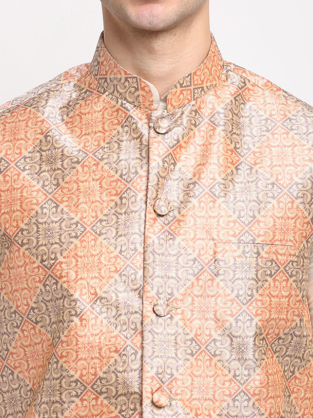 Jompers Men's Off-white Dupion Silk Kurta with Churidar & Nehru Jacket(Peach-Purple) - Distacart