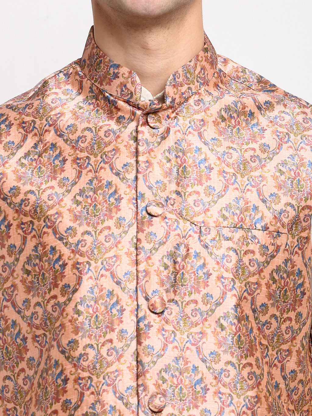Jompers Men's Off-white Dupion Silk Kurta with Churidar & Nehru Jacket (Peach) - Distacart