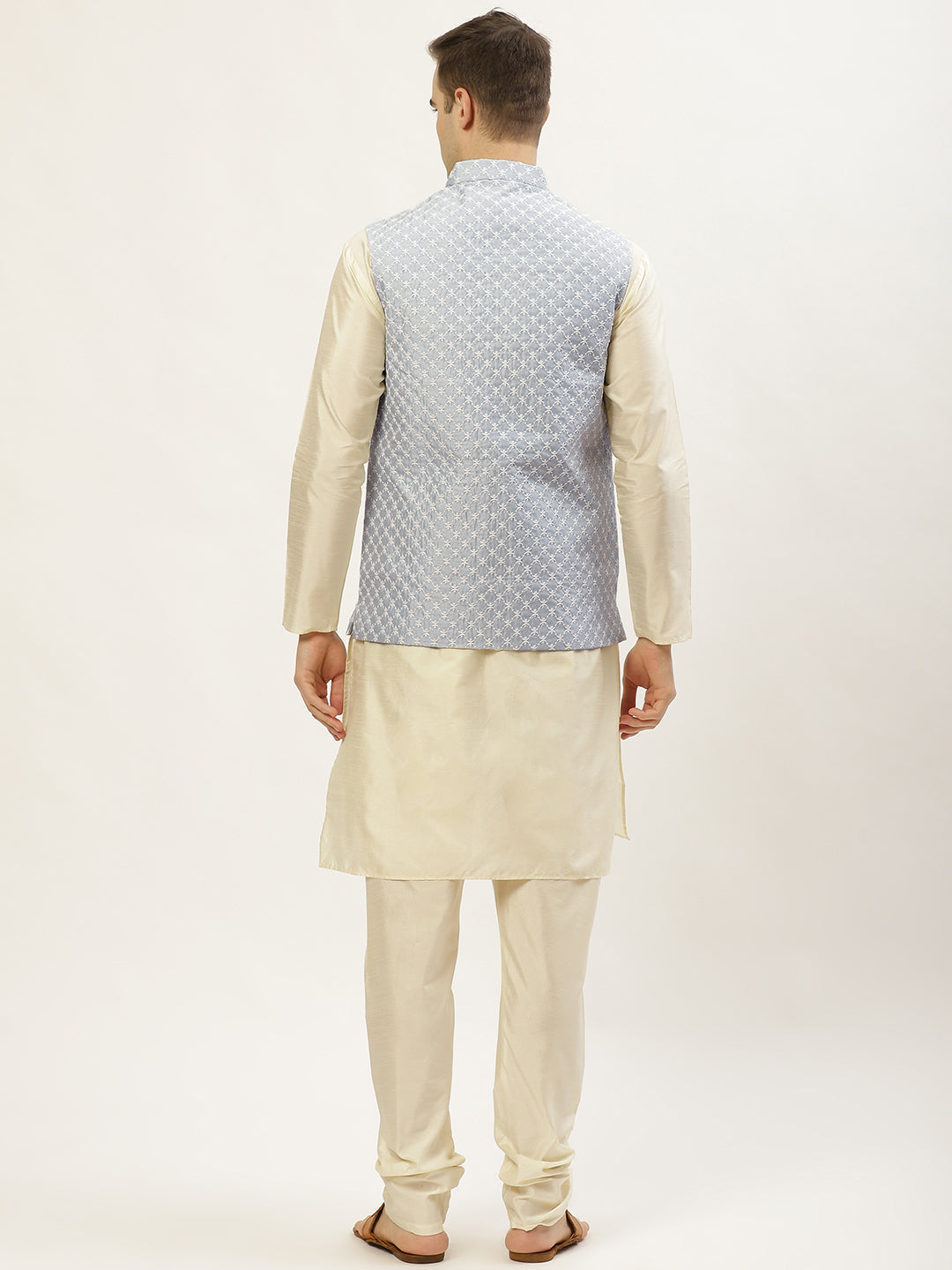 Jompers Men's Embroidered Nehru Jacket & Kurta Pyjama ( Grey ) - Distacart