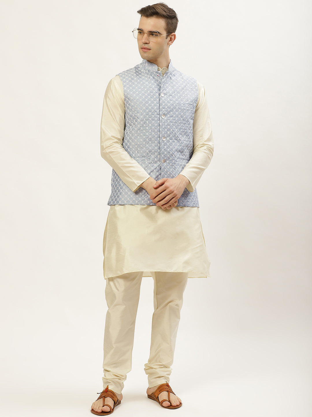 Jompers Men's Embroidered Nehru Jacket & Kurta Pyjama ( Grey ) - Distacart