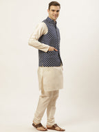 Jompers Men's Embroidered Nehru Jacket & Kurta Pyjama ( Navy ) - Distacart