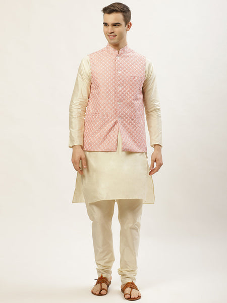 Jompers Men's Embroidered Nehru Jacket & Kurta Pyjama ( Peach )