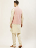 Jompers Men's Embroidered Nehru Jacket & Kurta Pyjama ( Peach ) - Distacart