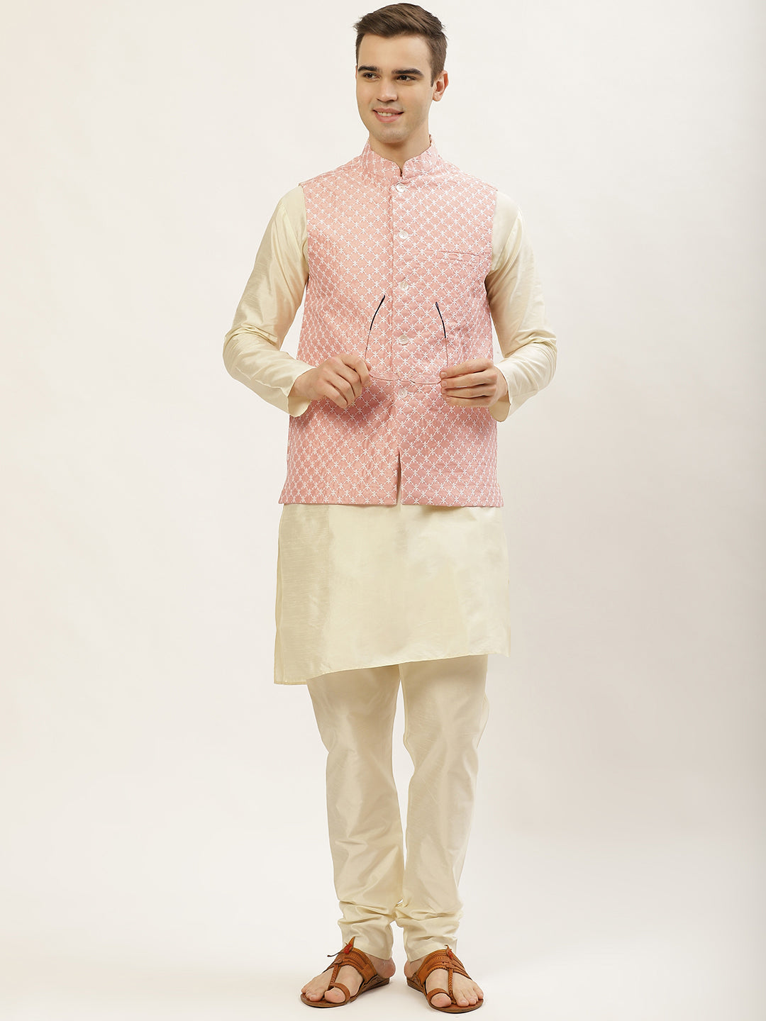 Jompers Men's Embroidered Nehru Jacket & Kurta Pyjama ( Peach ) - Distacart