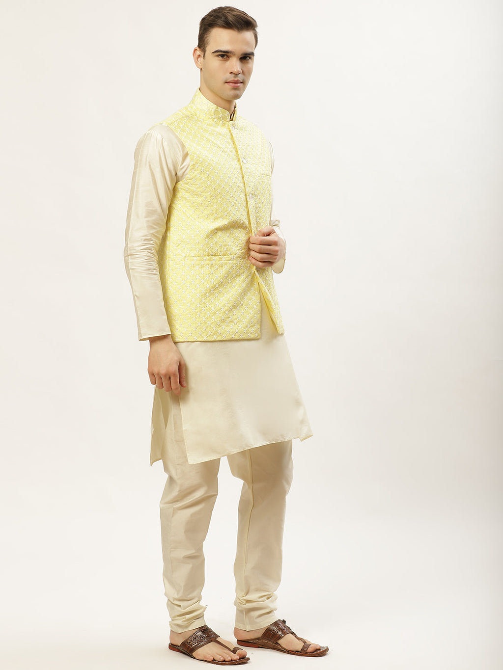Jompers Men's Embroidered Nehru Jacket & Kurta Pyjama ( Yellow ) - Distacart