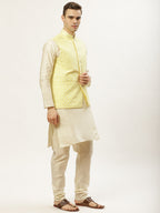 Jompers Men's Embroidered Nehru Jacket & Kurta Pyjama ( Yellow ) - Distacart