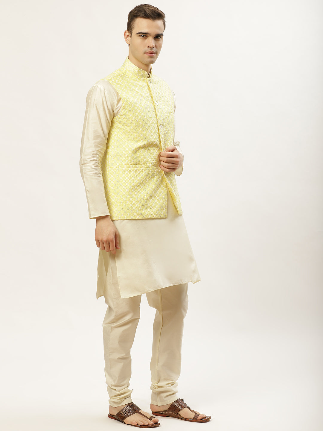 Jompers Men's Embroidered Nehru Jacket & Kurta Pyjama ( Yellow ) - Distacart
