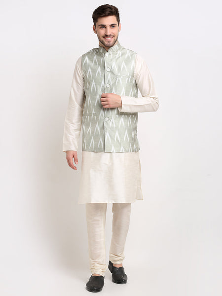 Jompers Men's Ikat Print Nehru Jacket & Kurta Pyjama ( Grey )