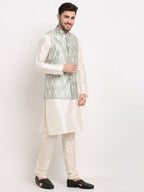 Jompers Men's Ikat Print Nehru Jacket & Kurta Pyjama ( Grey ) - Distacart