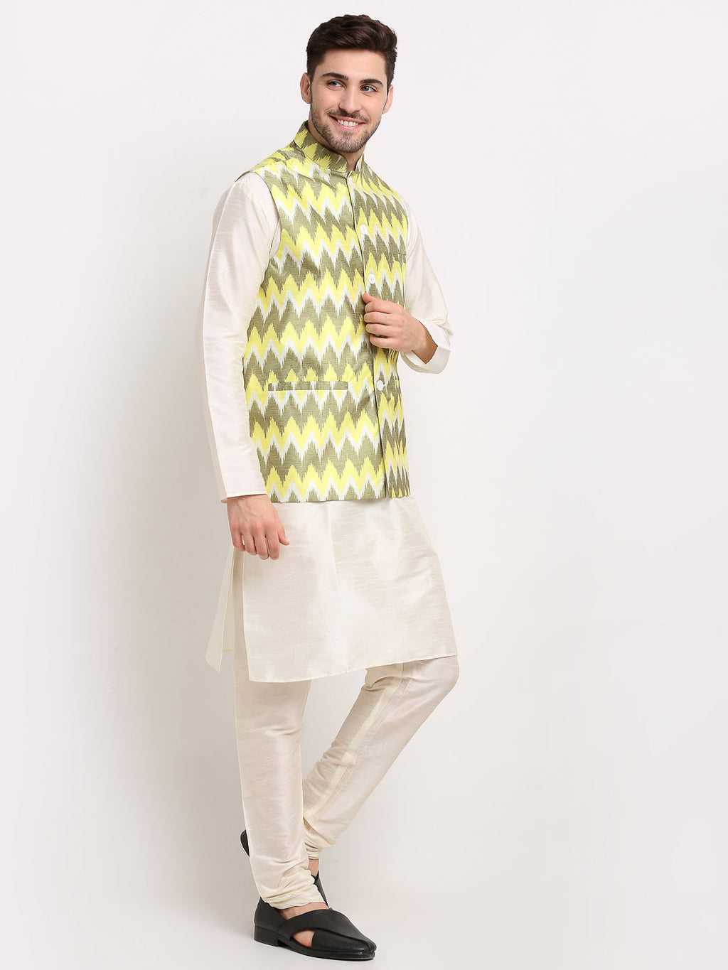 Jompers Men's Ikat Print Nehru Jacket & Kurta Pyjama ( Multi-Olive ) - Distacart