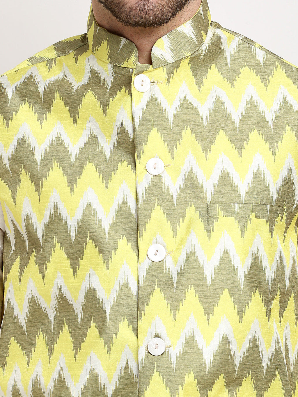 Jompers Men's Ikat Print Nehru Jacket & Kurta Pyjama ( Multi-Olive ) - Distacart