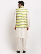 Jompers Men's Ikat Print Nehru Jacket & Kurta Pyjama ( Multi-Olive ) - Distacart