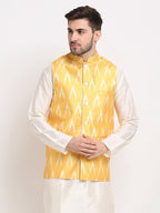 Jompers Men's Mustard Ikat Printed Nehru Jacket