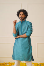 Jompers Men's Peacock Blue Collar Embroidered Kurta - Peacock