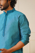 Jompers Men's Peacock Blue Collar Embroidered Kurta - Peacock