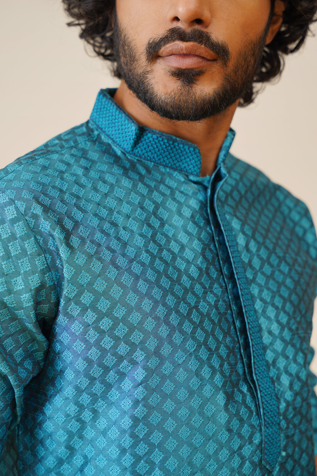 Jompers Men's Peacock Blue Collar Embroidered Kurta - Peacock