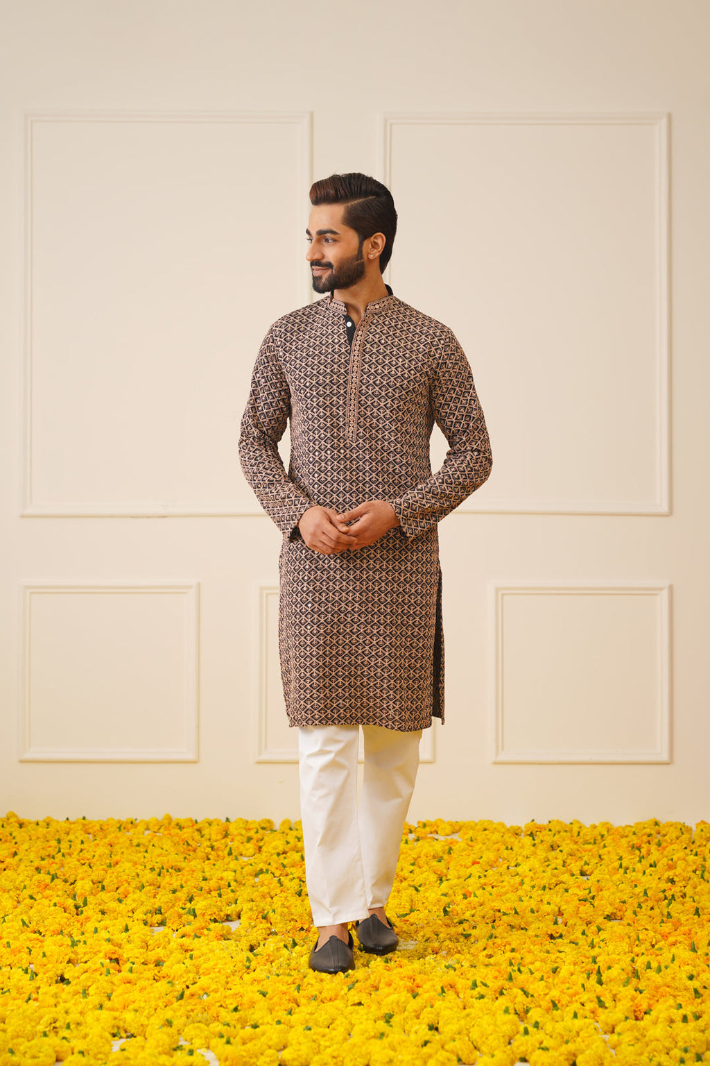 Jompers Men's Sequin Embroidered Pure Cotton Kurta - Brown