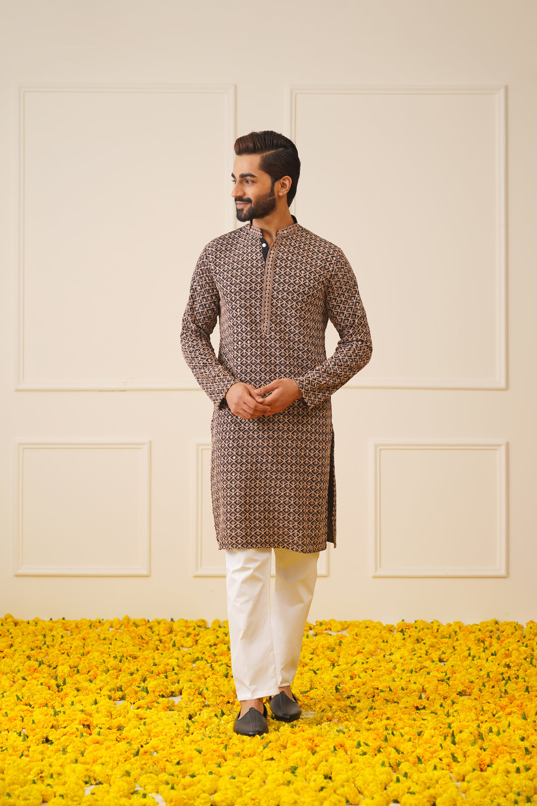 Jompers Men's Sequin Embroidered Pure Cotton Kurta - Brown
