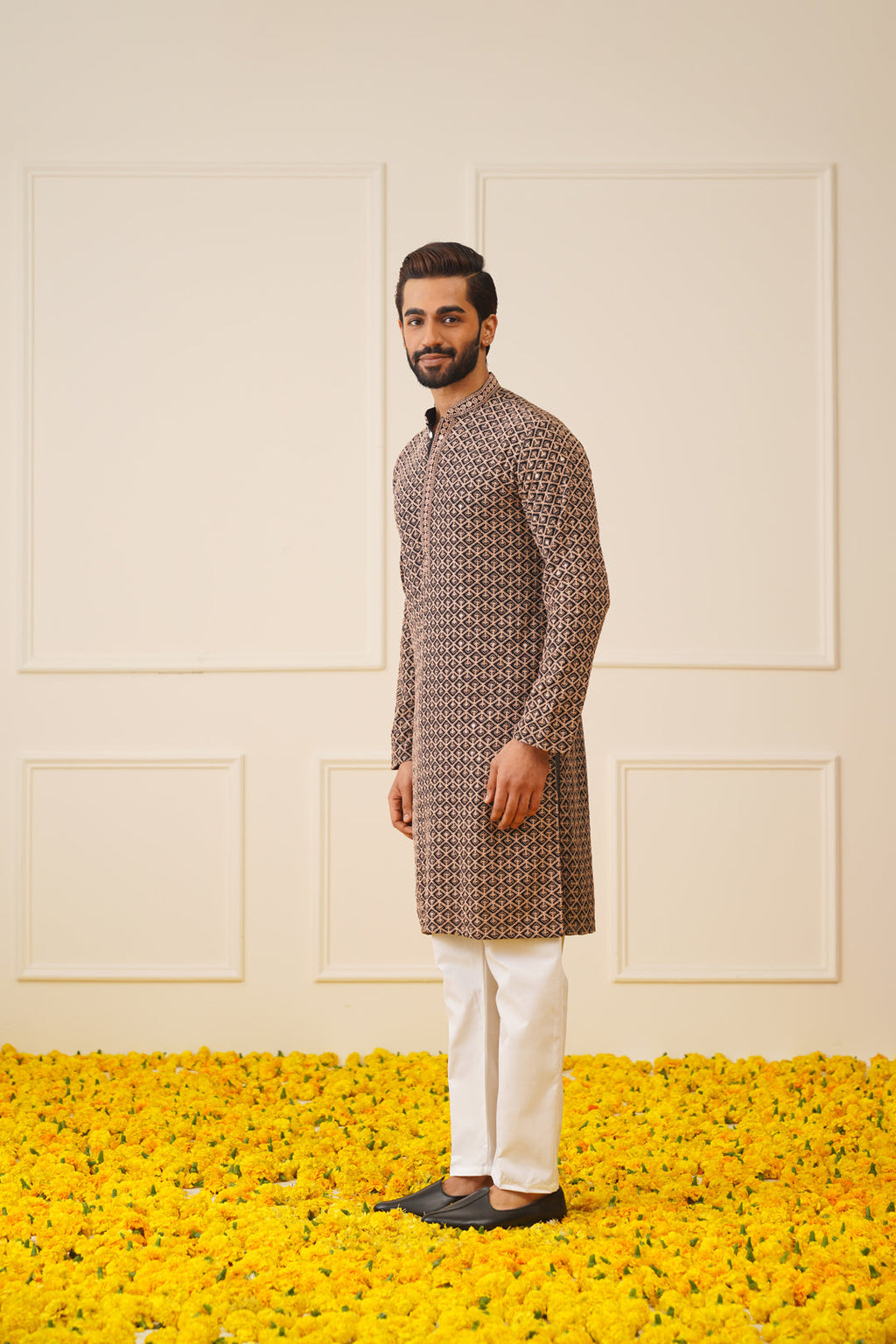 Jompers Men's Sequin Embroidered Pure Cotton Kurta - Brown