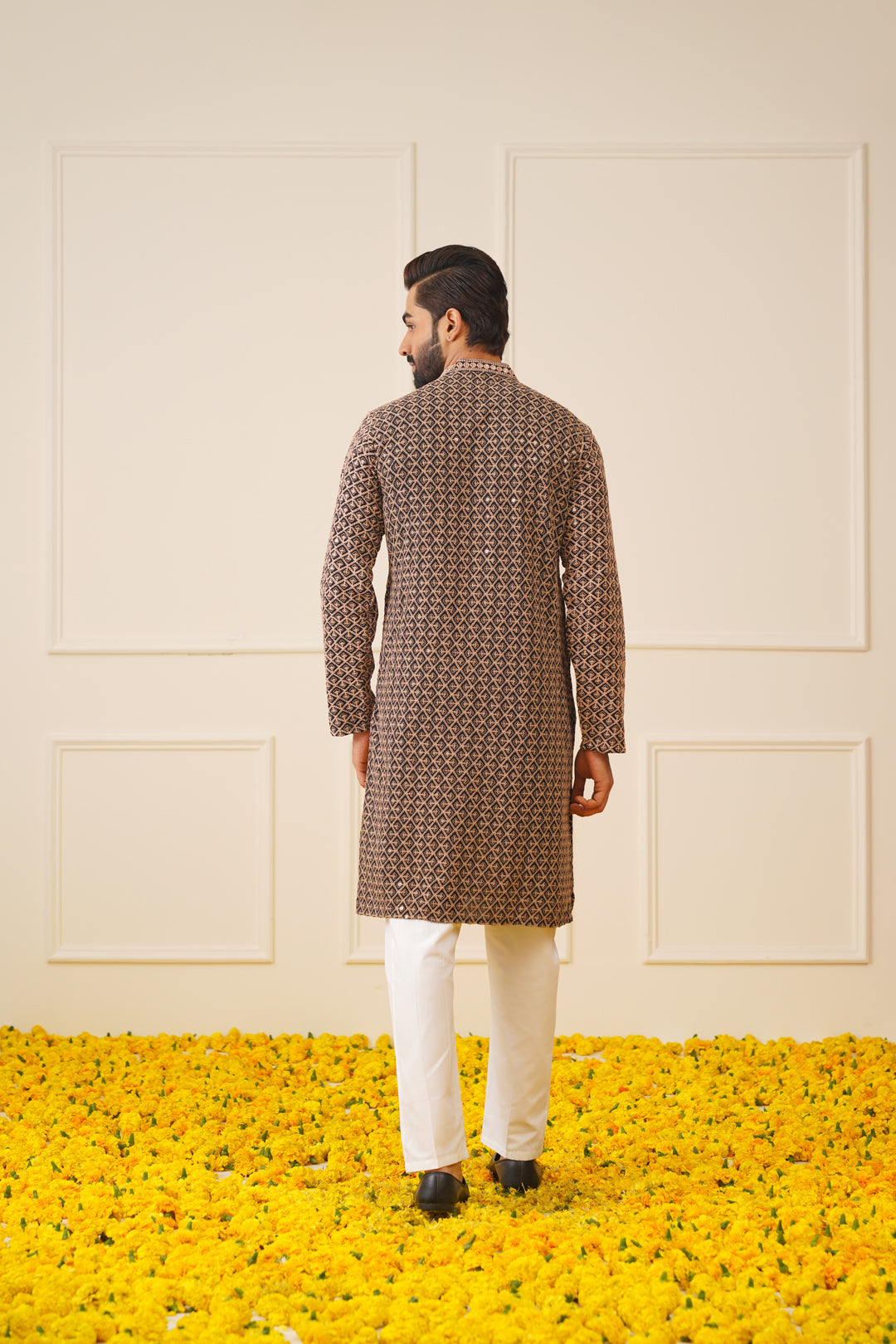 Jompers Men's Sequin Embroidered Pure Cotton Kurta - Brown