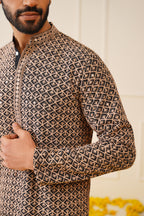 Jompers Men's Sequin Embroidered Pure Cotton Kurta - Brown