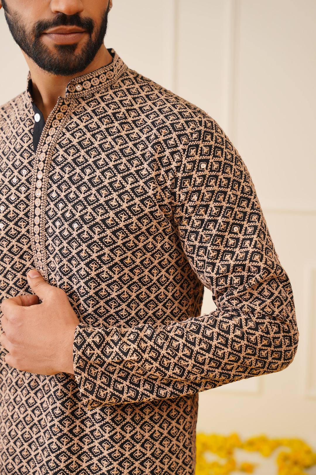 Jompers Men's Sequin Embroidered Pure Cotton Kurta - Brown