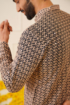 Jompers Men's Sequin Embroidered Pure Cotton Kurta - Brown