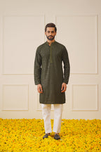 Jompers Men's Sequin Embroidered Pure Cotton Kurta - Mehndi