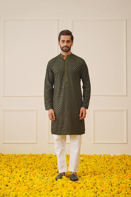 Jompers Men's Sequin Embroidered Pure Cotton Kurta - Mehndi