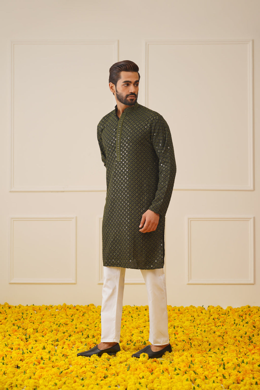 Jompers Men's Sequin Embroidered Pure Cotton Kurta - Mehndi
