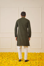 Jompers Men's Sequin Embroidered Pure Cotton Kurta - Mehndi
