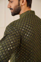 Jompers Men's Sequin Embroidered Pure Cotton Kurta - Mehndi