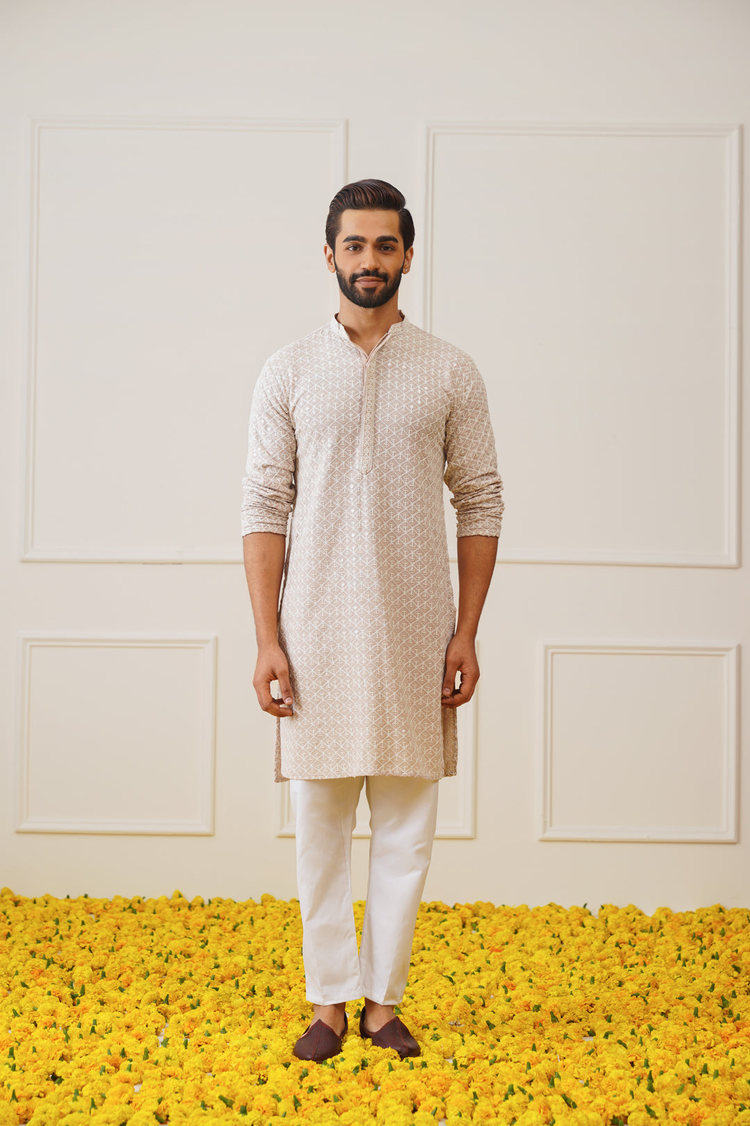 Jompers Men's Sequin Embroidered Pure Cotton Kurta - Beige