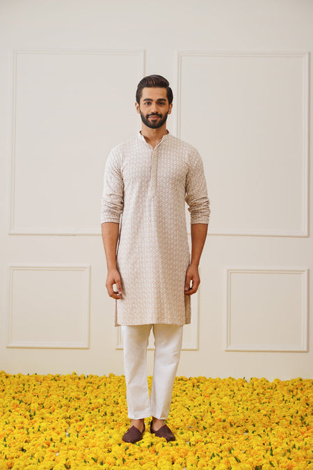 Jompers Men's Sequin Embroidered Pure Cotton Kurta - Beige