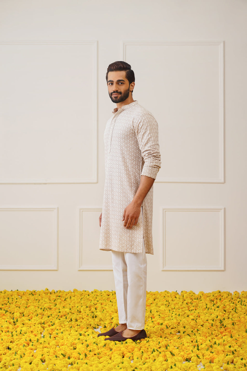 Jompers Men's Sequin Embroidered Pure Cotton Kurta - Beige