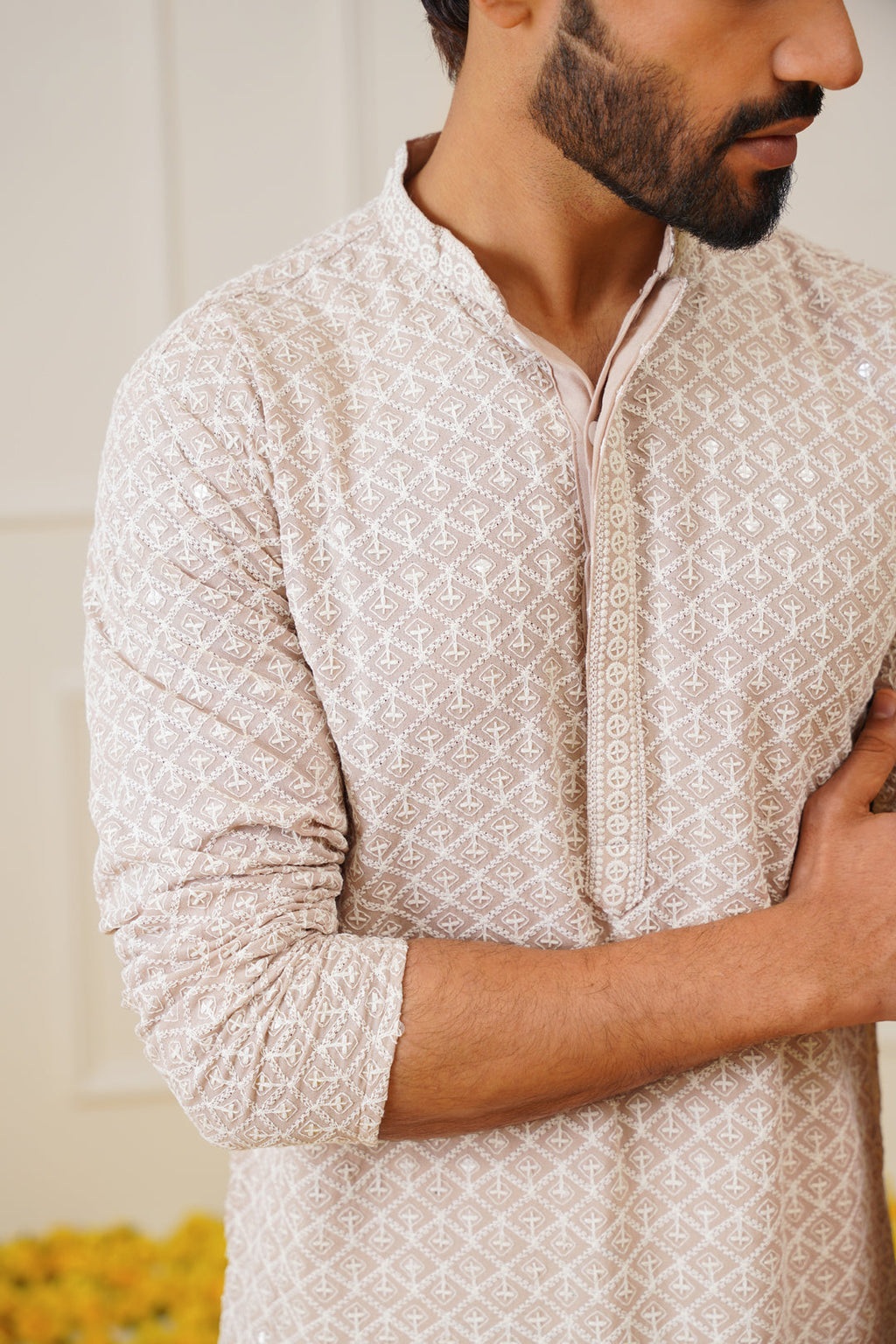 Jompers Men's Sequin Embroidered Pure Cotton Kurta - Beige