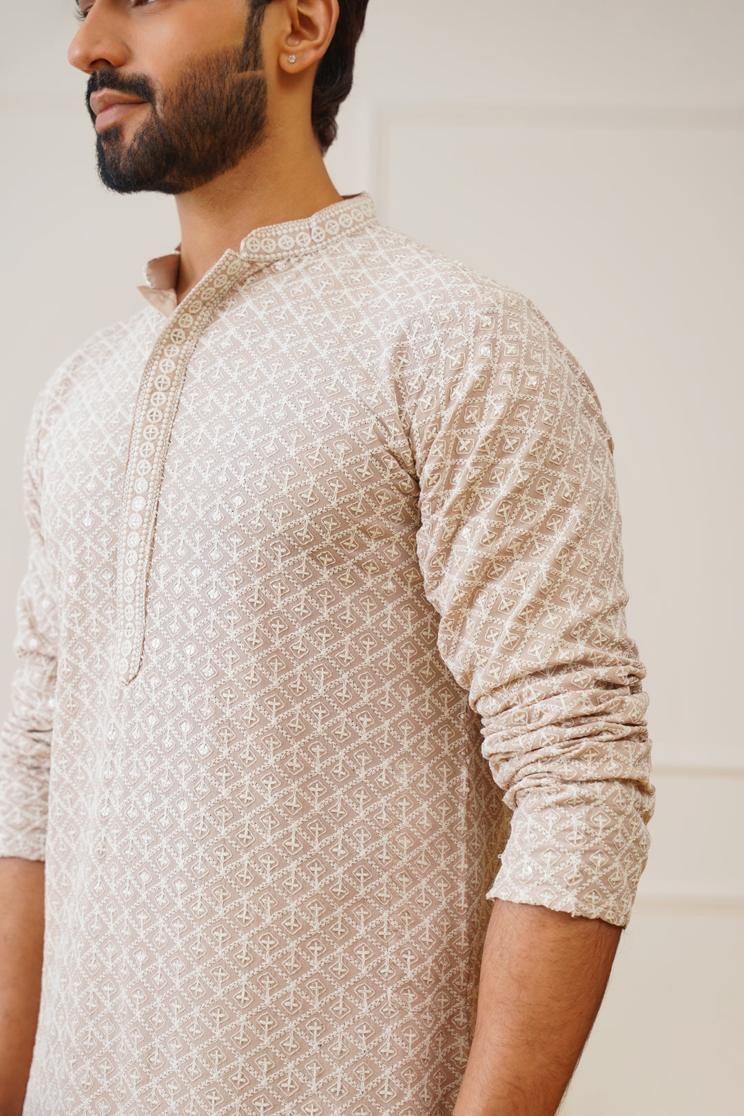 Jompers Men's Sequin Embroidered Pure Cotton Kurta - Beige