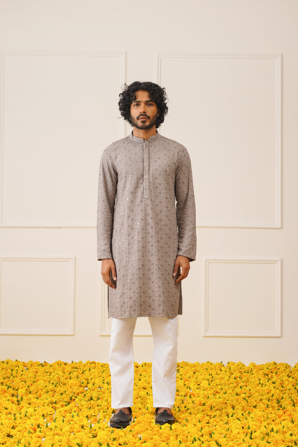 Jompers Men's Sequin Embroidered Pure Cotton Kurta - Grey