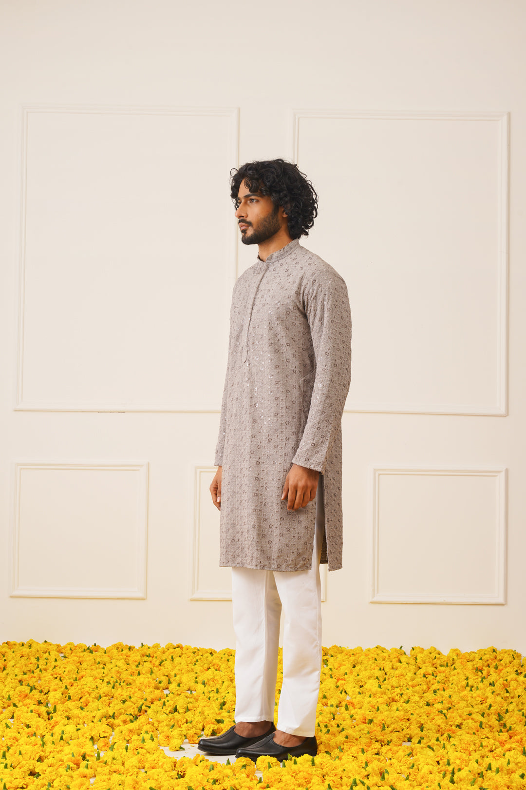 Jompers Men's Sequin Embroidered Pure Cotton Kurta - Grey