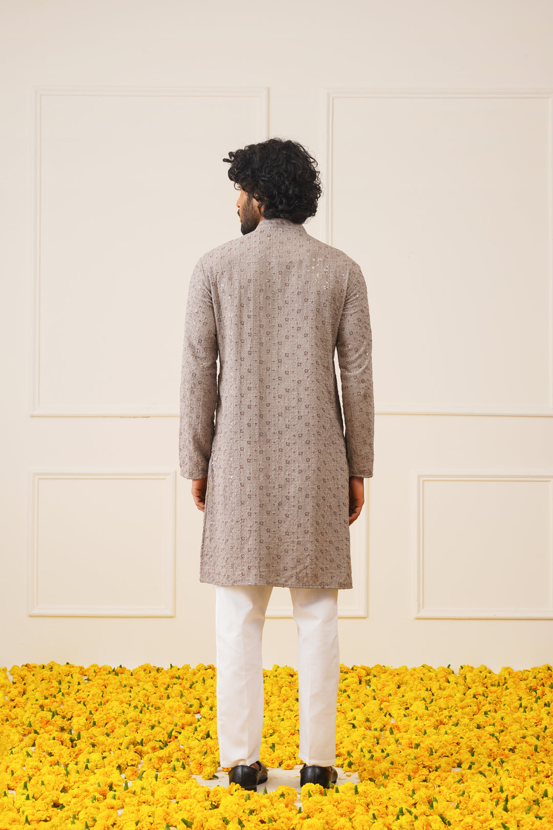 Jompers Men's Sequin Embroidered Pure Cotton Kurta - Grey