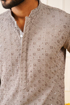 Jompers Men's Sequin Embroidered Pure Cotton Kurta - Grey