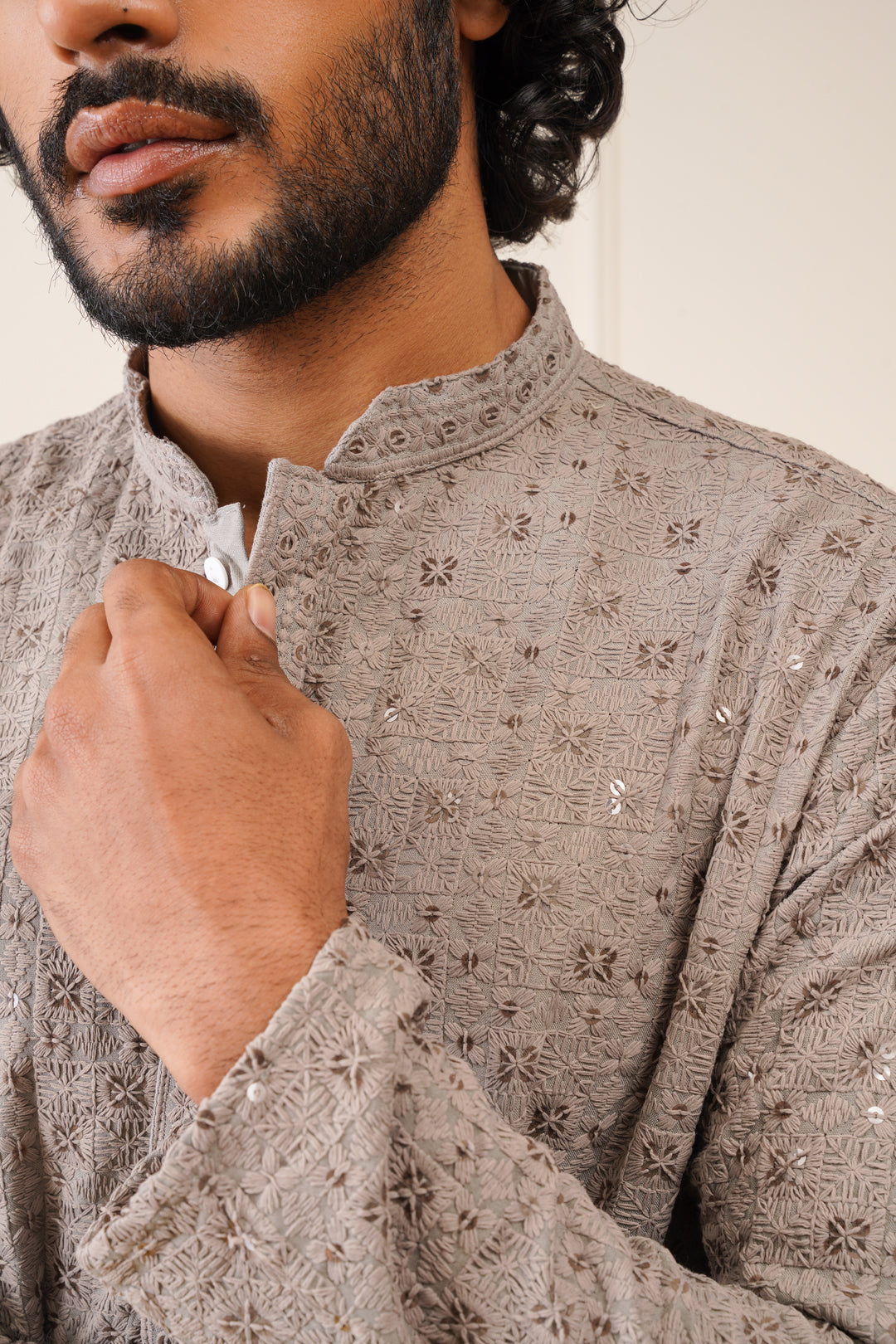 Jompers Men's Sequin Embroidered Pure Cotton Kurta - Grey