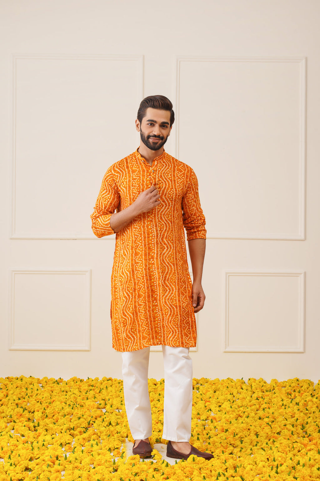 Jompers Men's Bandhani Printed Kurta - Orange