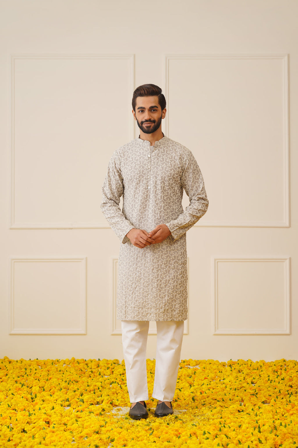 Jompers Men's Chikankari Embroidered Kurta - Grey