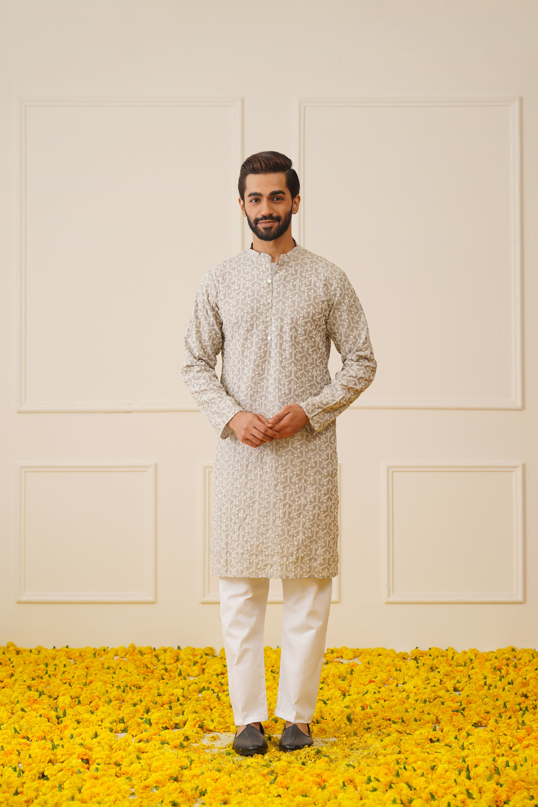 Jompers Men's Chikankari Embroidered Kurta - Grey