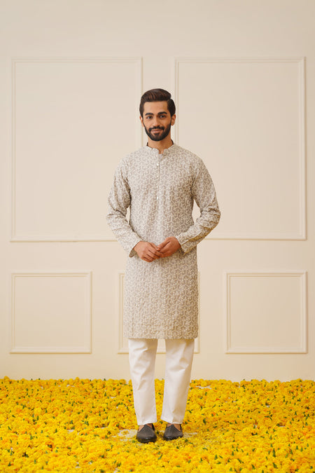 Jompers Men's Chikankari Embroidered Kurta - Grey