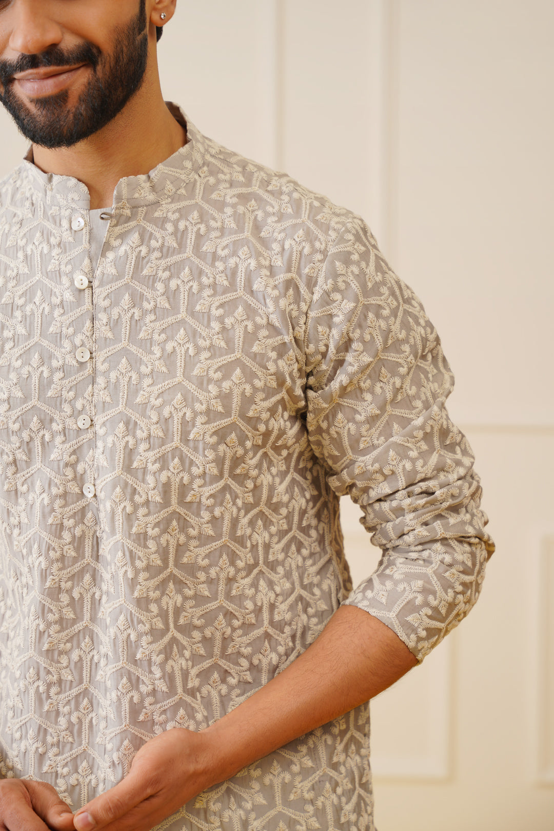 Jompers Men's Chikankari Embroidered Kurta - Grey