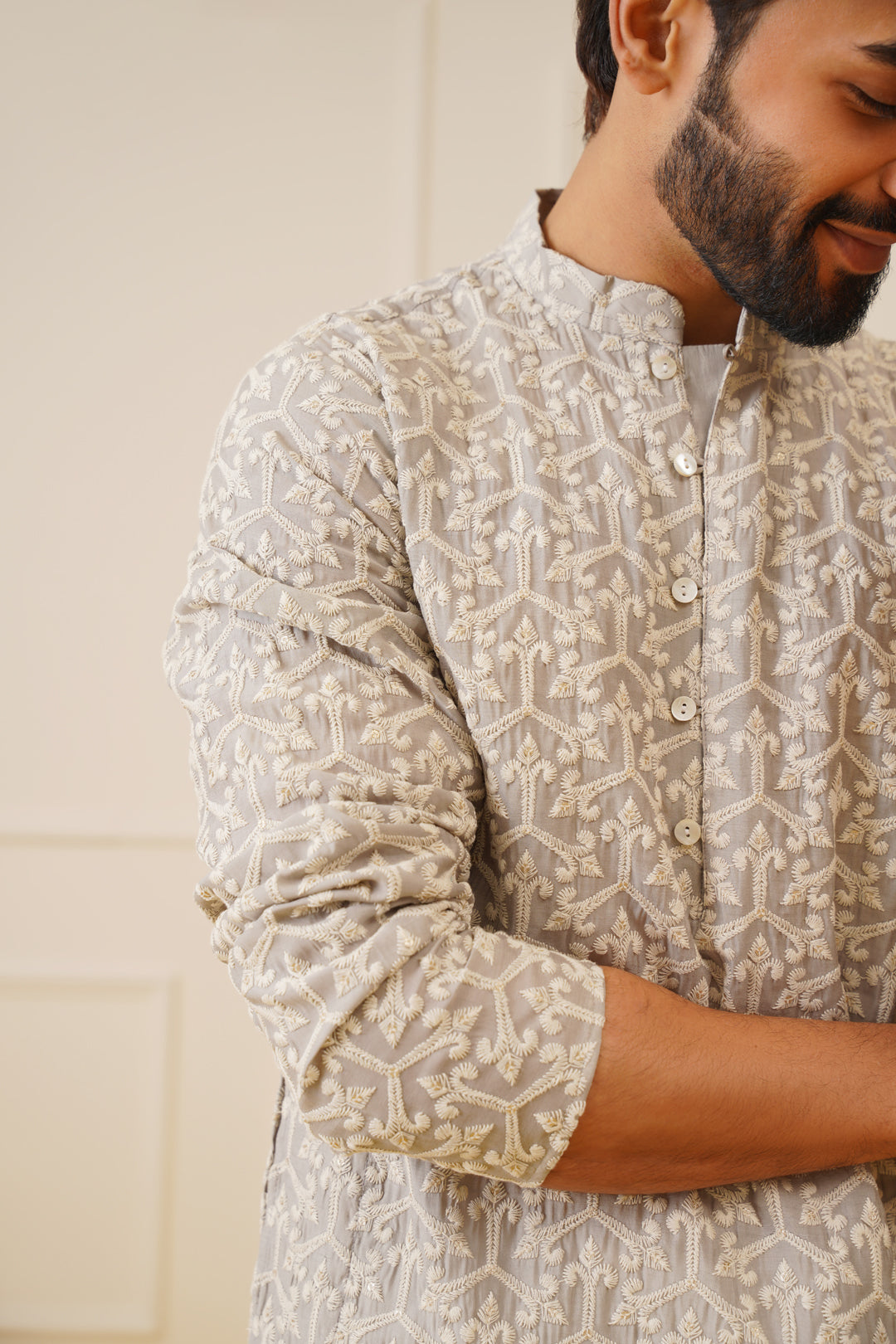 Jompers Men's Chikankari Embroidered Kurta - Grey
