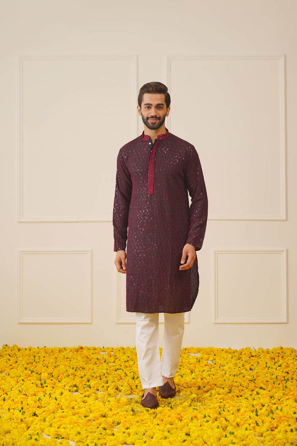 Jompers Men's Sequins Chikankari Embroidered Kurta only - Maroon